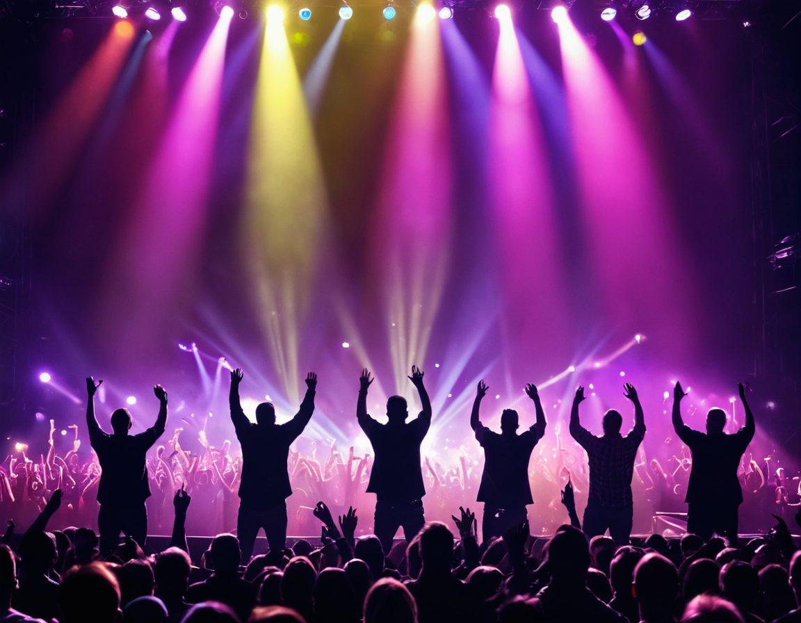 A vibrant concert scene featuring the band MercyMe performing on stage, filled with enthusiastic fans celebrating and singing along, glowing lights illuminating the joyful atmosphere. Include visual elements like musical notes swirling around and soft rays of hope shining down, symbolizing encouragement and happiness. Super-realistic. Bright colors. Dynamic composition.