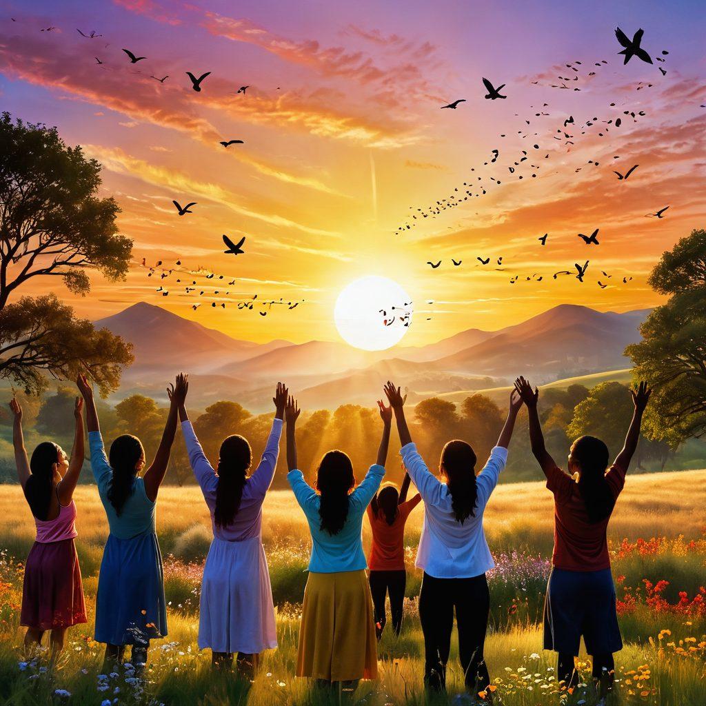 A serene landscape featuring a diverse group of people joyfully worshipping outdoors, arms raised in praise with colorful musical notes floating around them. The sun is setting in the background, casting a warm golden glow, and birds are soaring high. Incorporate elements of nature like blooming flowers and gentle hills to symbolize inspiration and growth. super-realistic. vibrant colors.