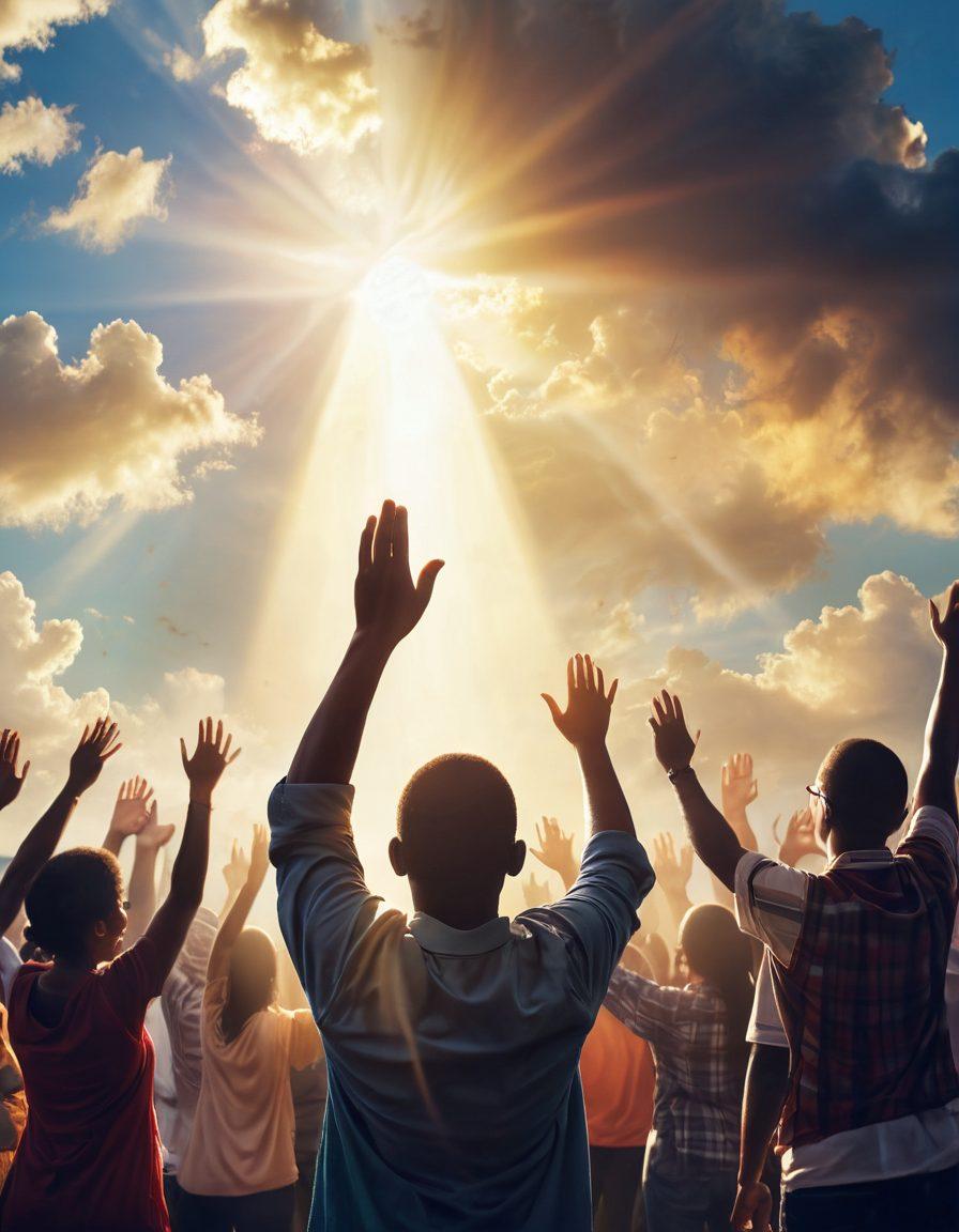 A serene landscape with a sunbeam breaking through the clouds, illuminating a diverse group of people in worship, hands raised in harmony. In the foreground, a vintage microphone symbolizes the uplifting melodies, while musical notes float in the air, embodying the transformative power of music. The overall atmosphere is peaceful, evoking feelings of hope and joy. super-realistic. vibrant colors. soft focus.